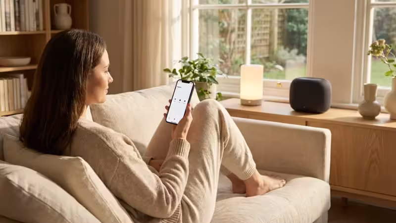A woman using a smartphone to control devices in a bright, modern smart home with minimalist decor.