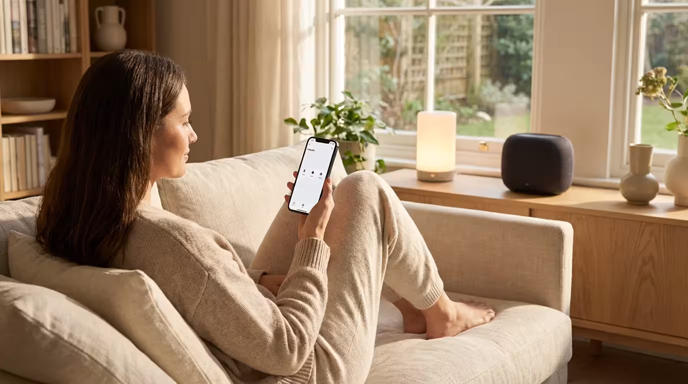 A woman using a smartphone to control devices in a bright, modern smart home with minimalist decor.
