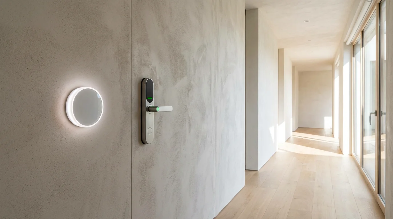 Modern smart home devices like a thermostat and door lock installed in a bright hallway.