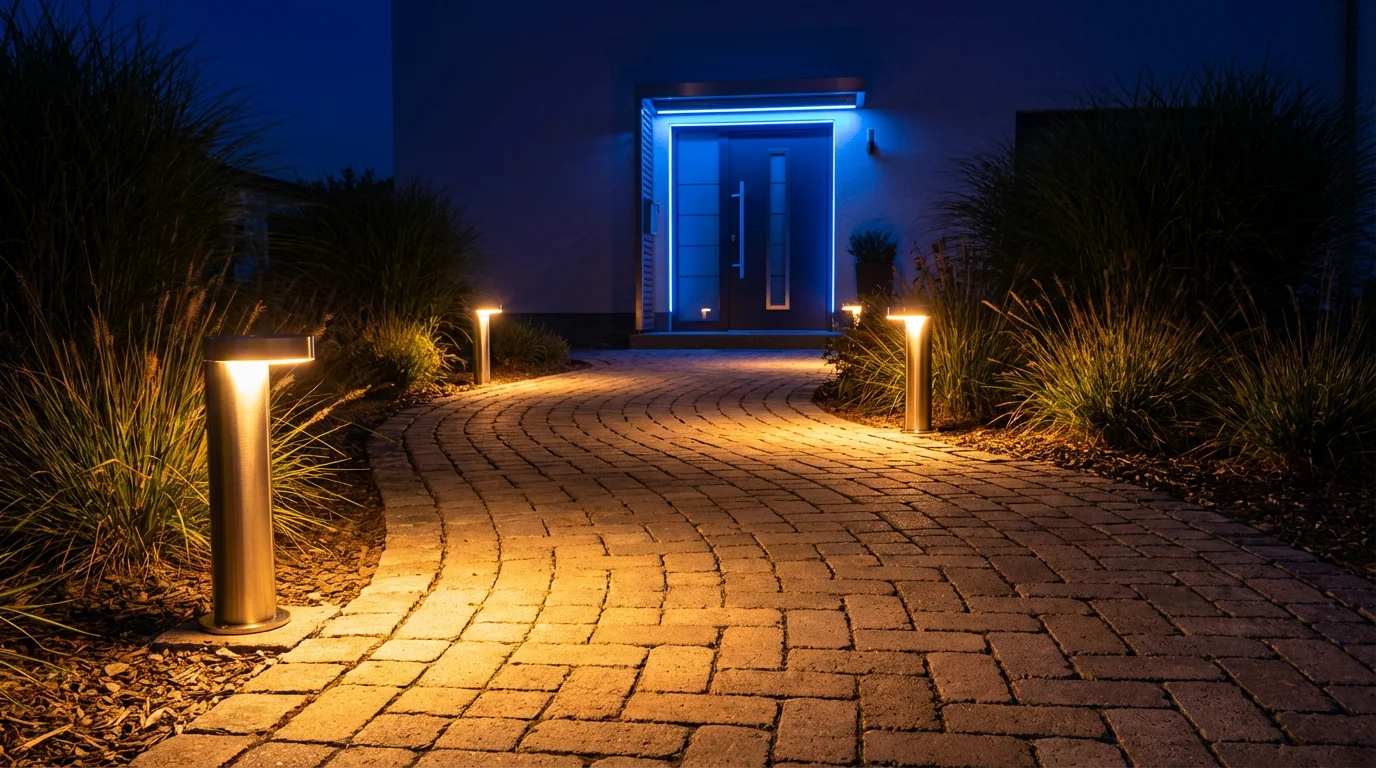 Modern smart path lights illuminating a stone walkway at night.