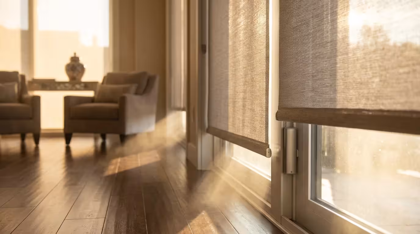 Motorized blinds filtering bright sunlight to demonstrate passive thermal management in a smart home.