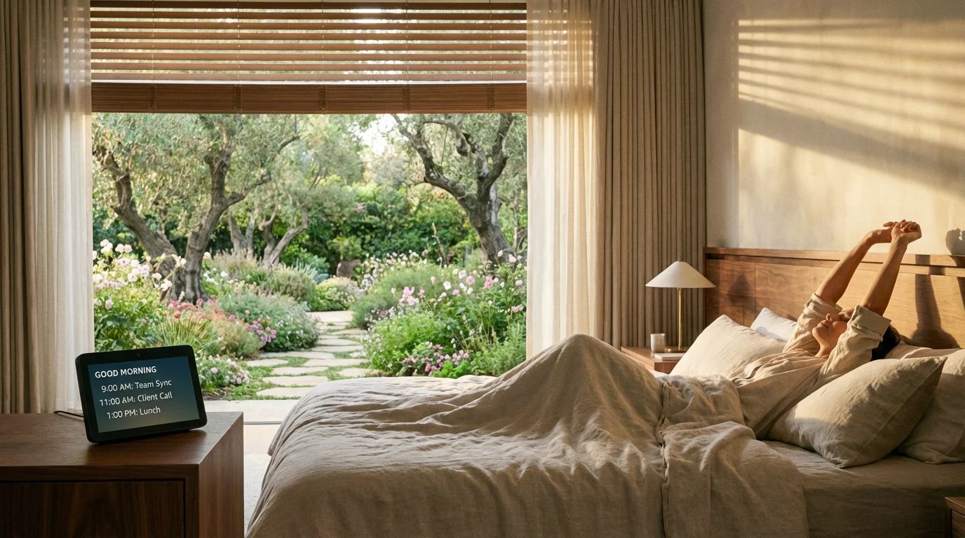 Motorized blinds opening automatically in a bright bedroom to start the day.