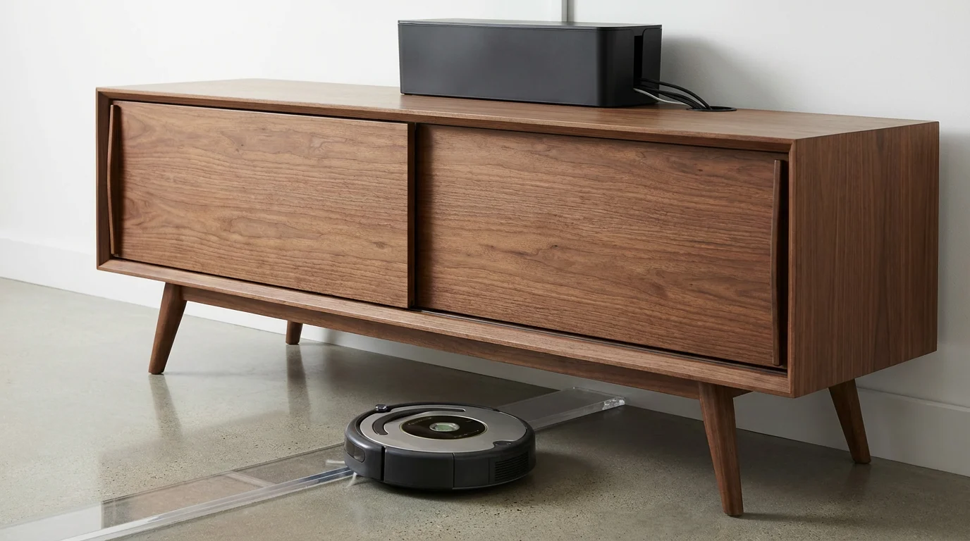 Neatly organized cables behind furniture to prevent a robot vacuum from getting stuck.