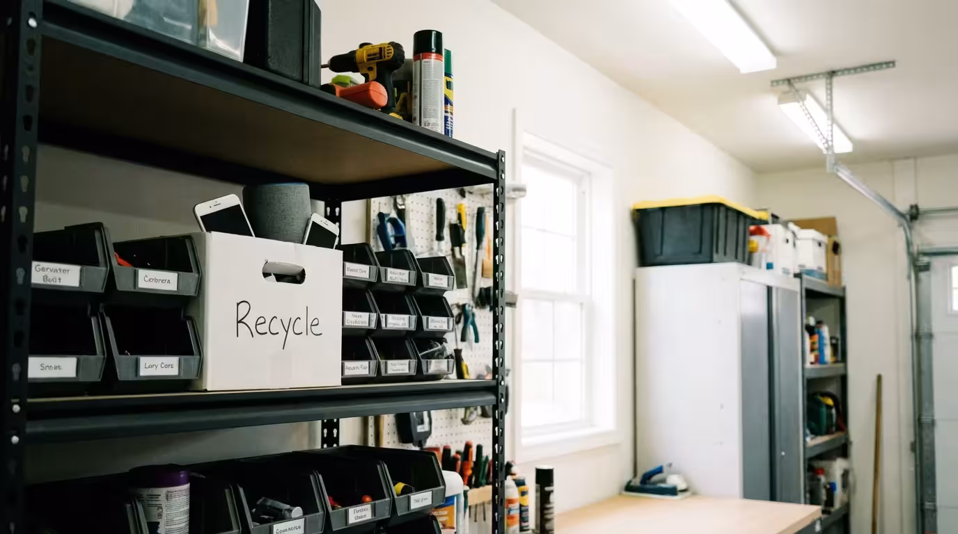 Older smart devices placed in a white box for recycling in a clean storage space.