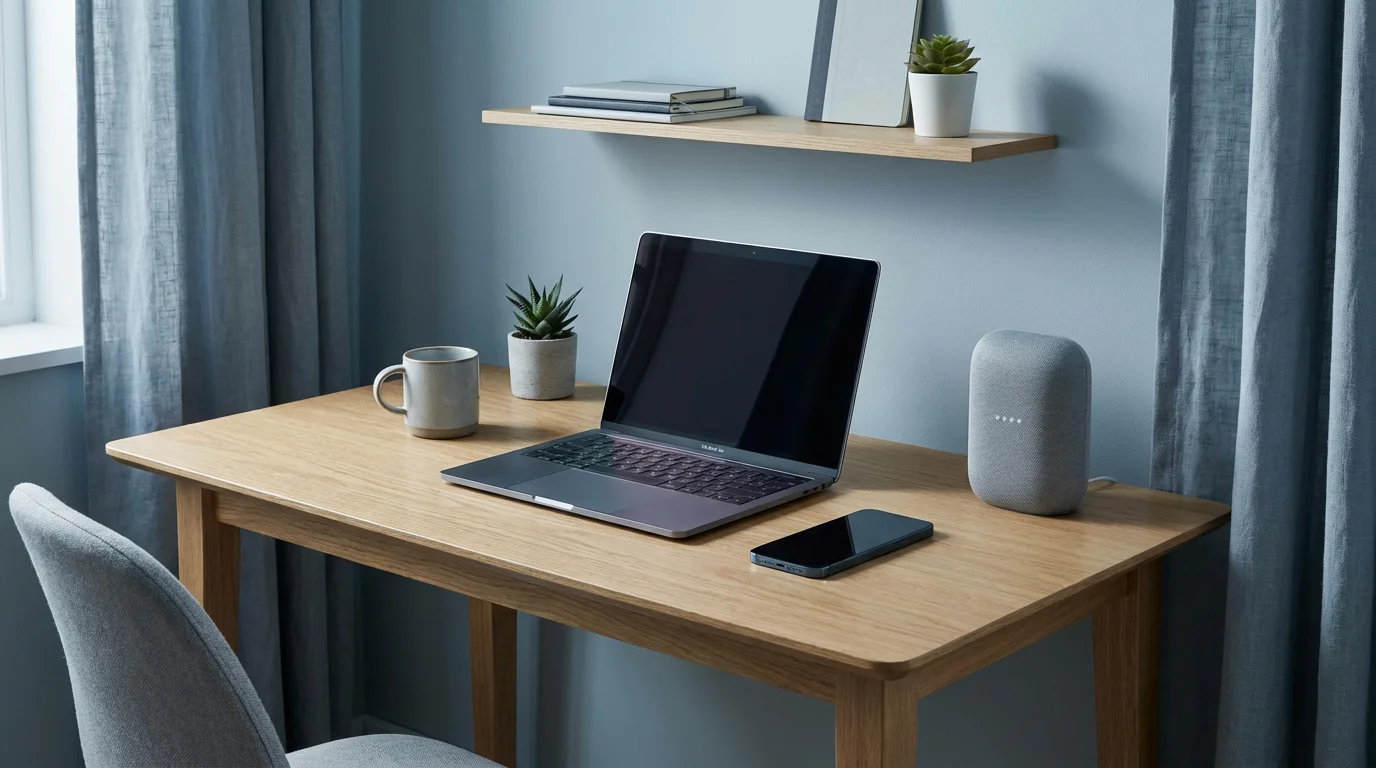 Organized desk with a laptop, phone, and smart speaker representing device categories.