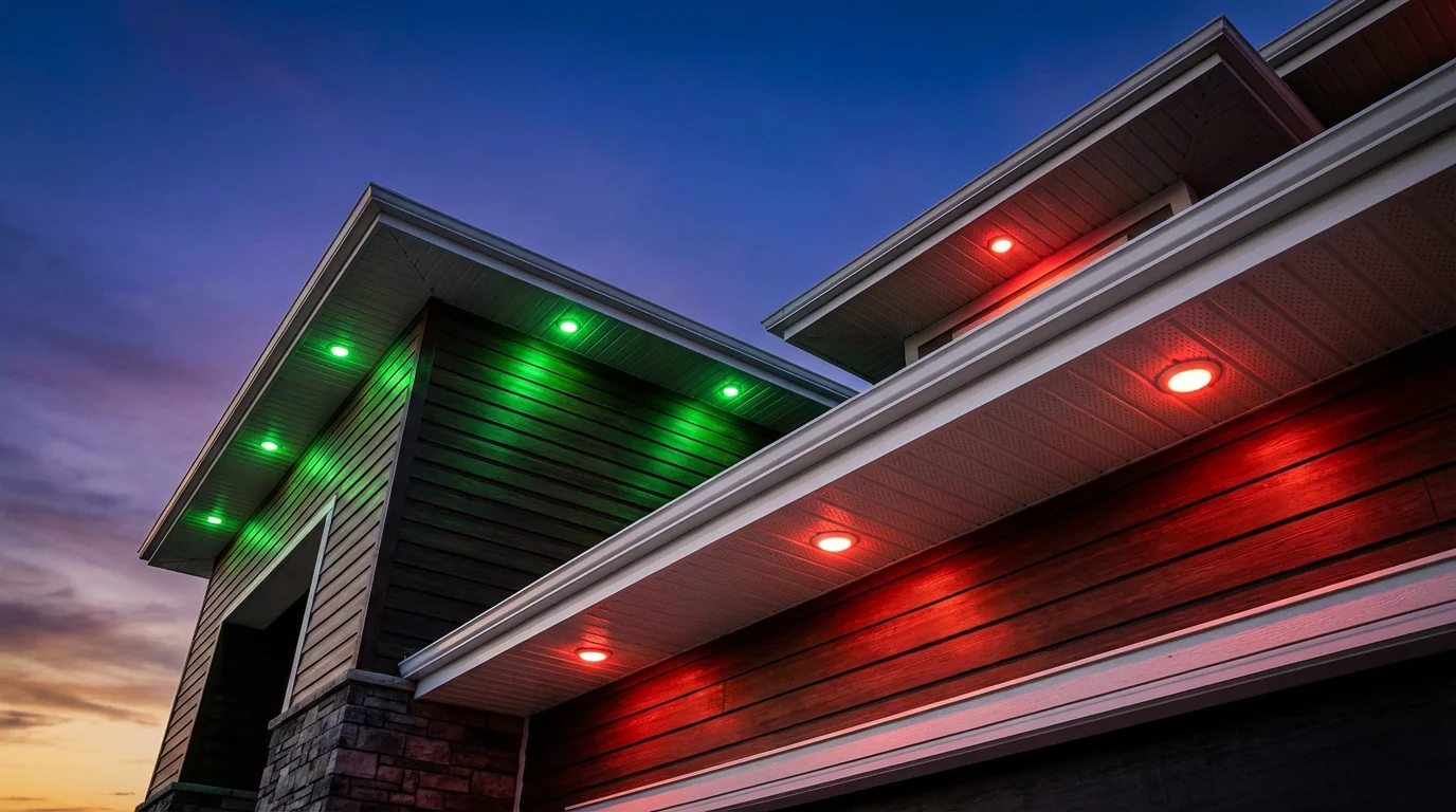 Permanent smart holiday lights installed under the eaves of a modern house, casting festive colors downward.