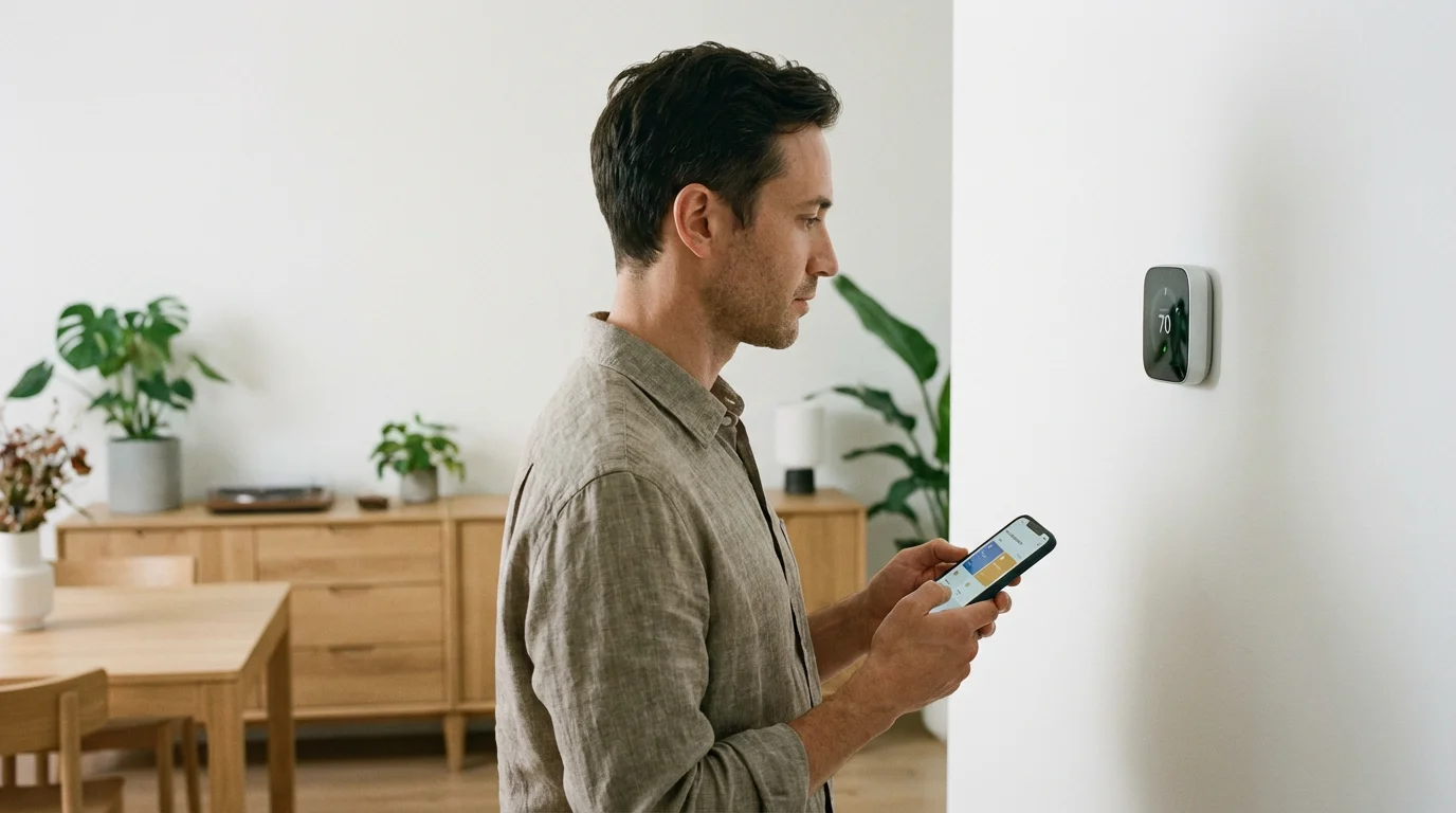 Person checking a smart thermostat and smartphone in a bright home.