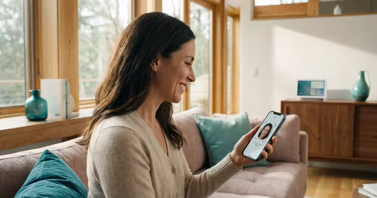 A homeowner using a smartphone for multi-factor authentication in a bright, modern living room.