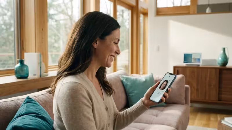 A homeowner using a smartphone for multi-factor authentication in a bright, modern living room.