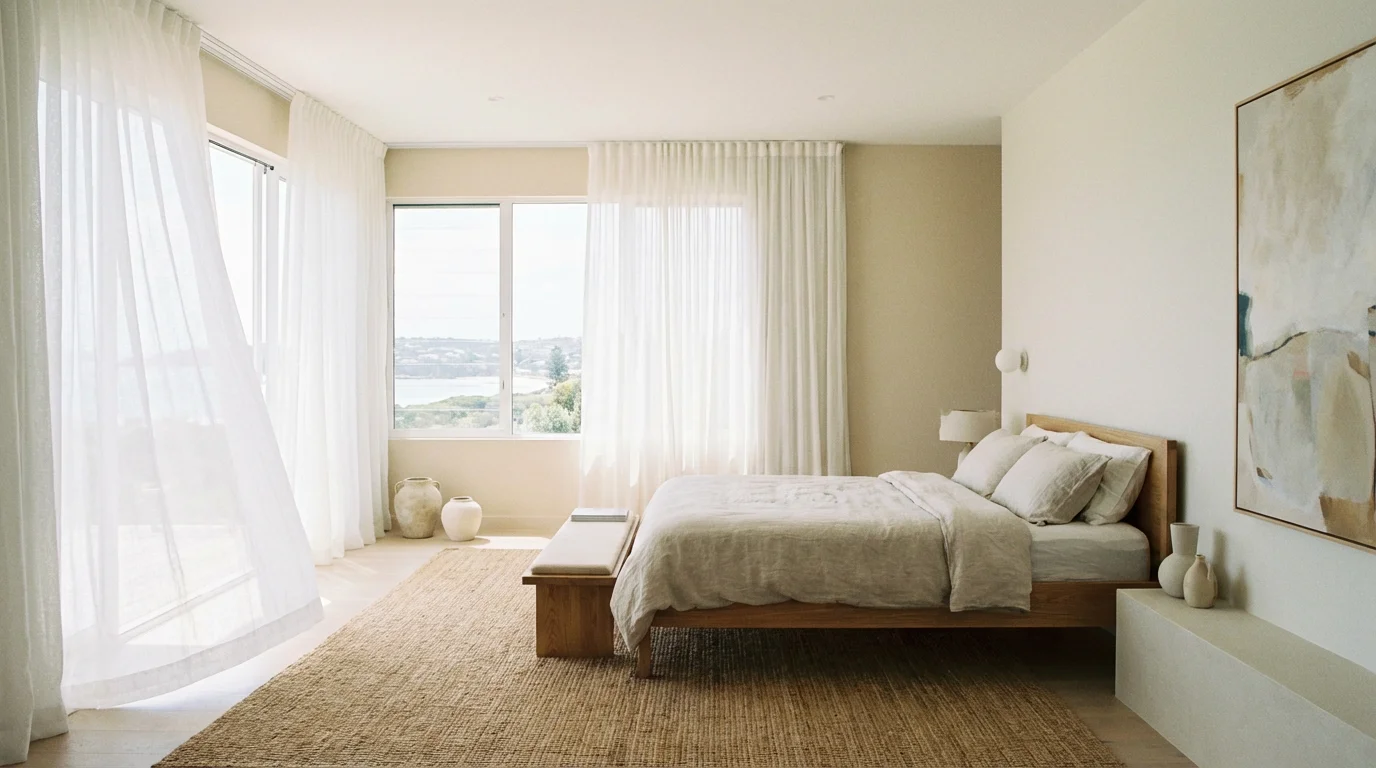 Sheer curtains blowing in a gentle breeze inside a bright, modern bedroom.