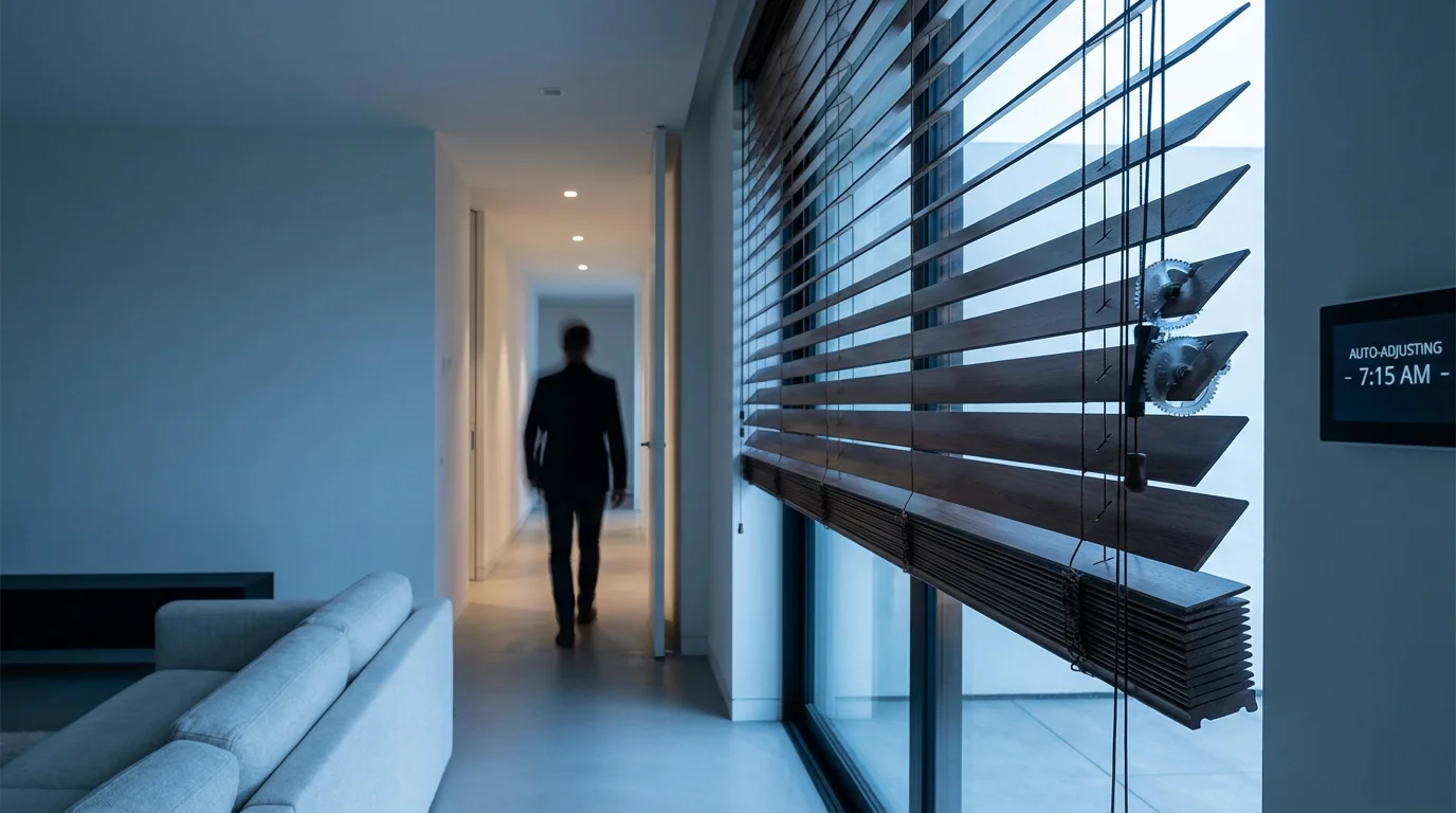 Smart blinds automatically adjusting as a homeowner returns home, triggered by geofencing.