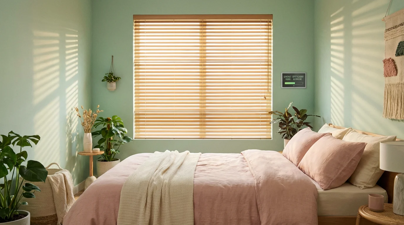 Smart blinds in a bedroom opening at sunrise to harvest natural warmth from the sun.