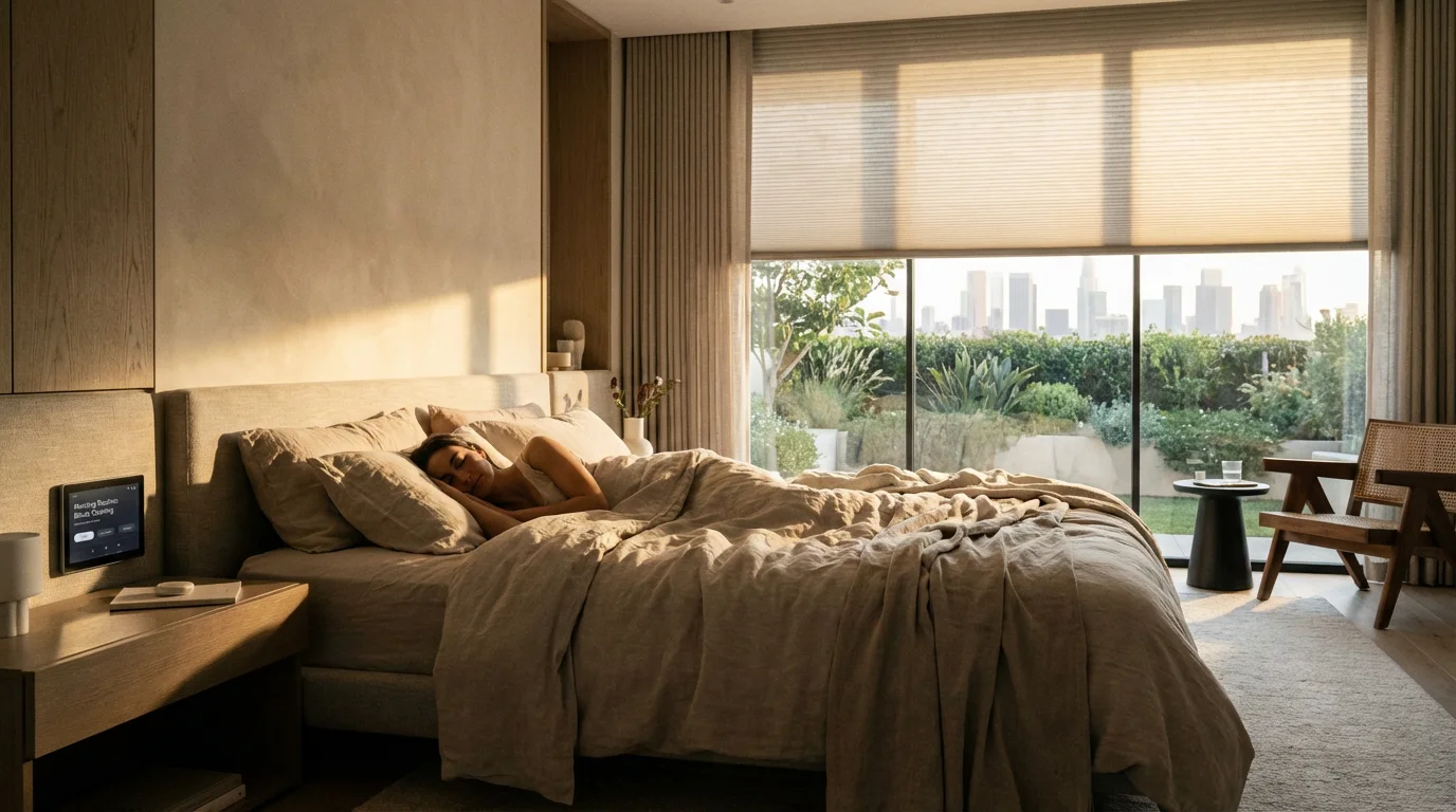 Smart blinds opening in a serene bedroom during a morning routine.