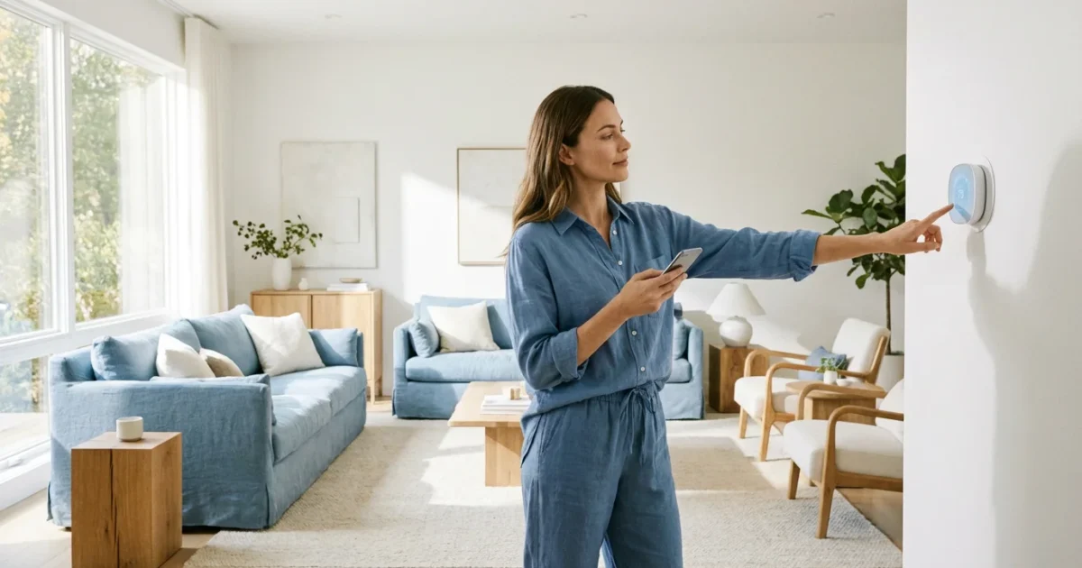 A person using a smartphone to control a smart thermostat in a bright, modern living room.