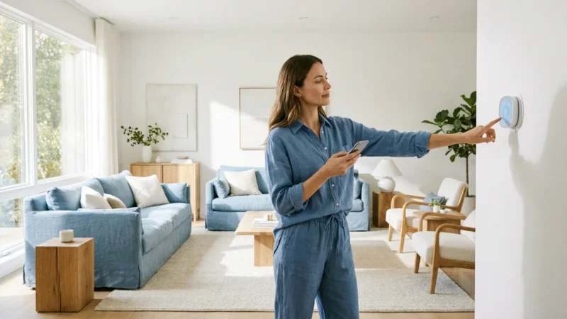 A person using a smartphone to control a smart thermostat in a bright, modern living room.