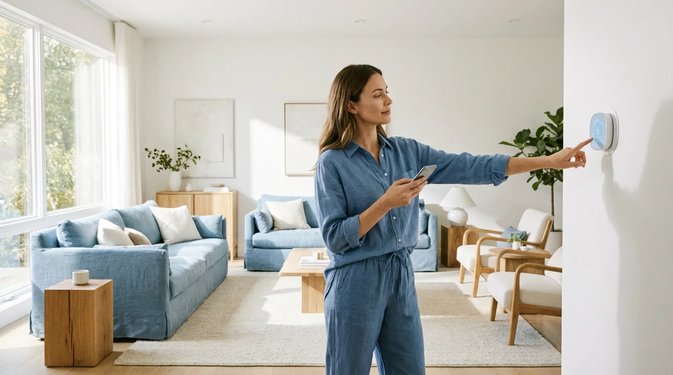 A person using a smartphone to control a smart thermostat in a bright, modern living room.