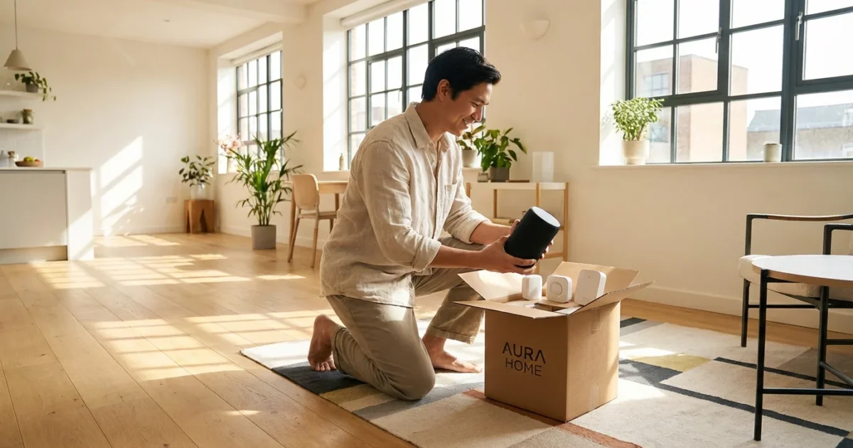 A person unboxing portable smart home devices in a bright, modern apartment.