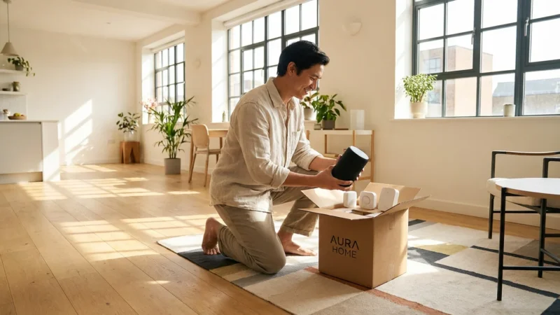 A person unboxing portable smart home devices in a bright, modern apartment.