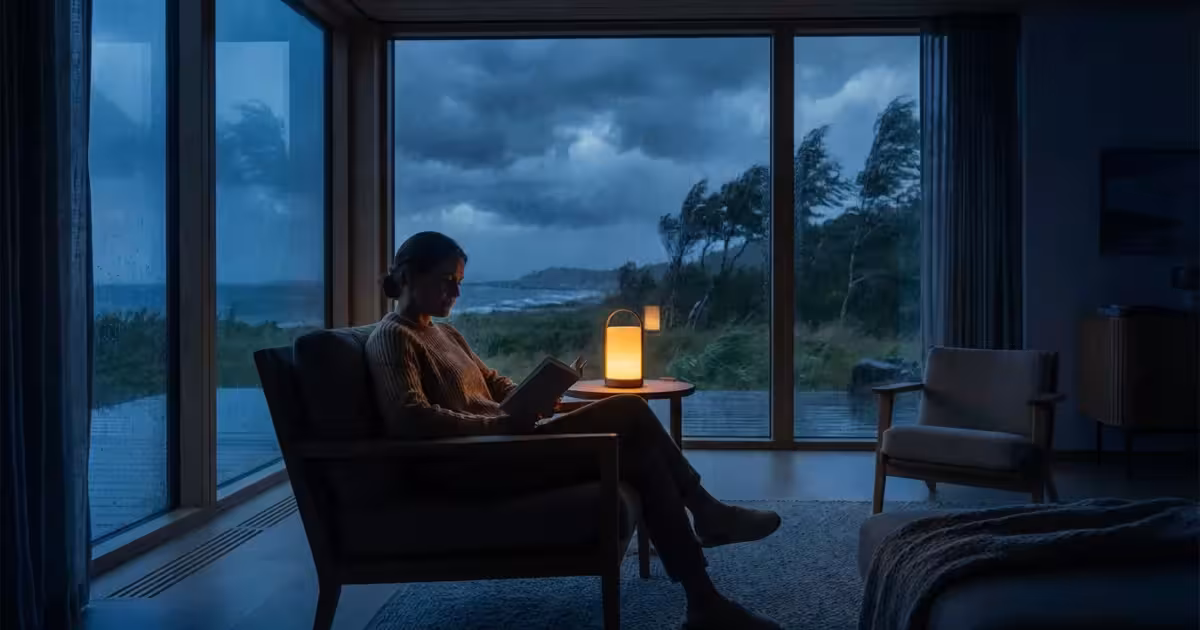 Homeowner relaxing in a smart home during a power outage with backup lighting.