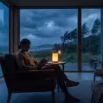 Homeowner relaxing in a smart home during a power outage with backup lighting.
