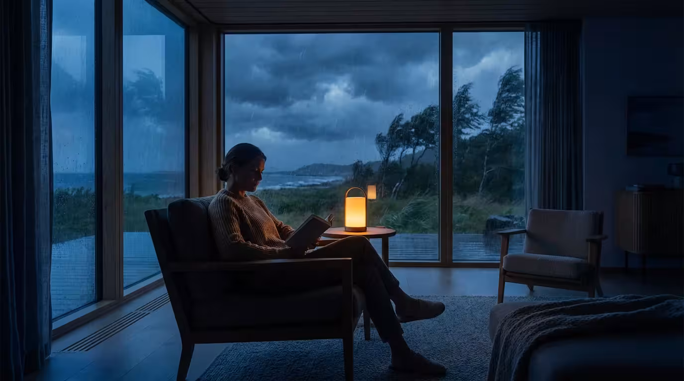 Homeowner relaxing in a smart home during a power outage with backup lighting.