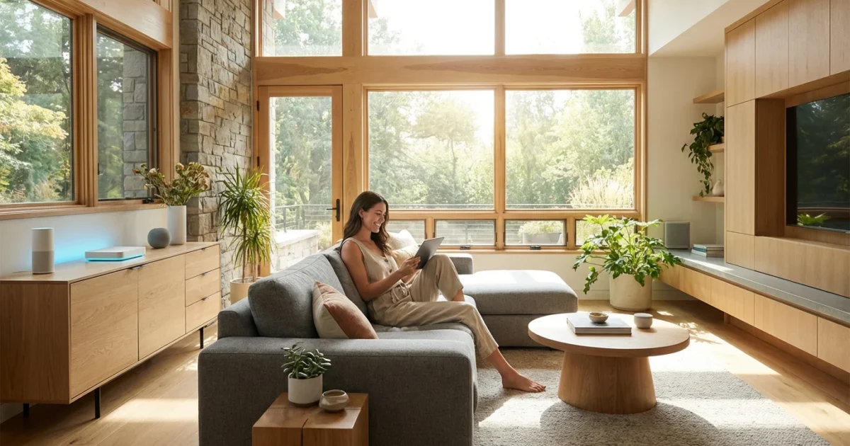 A woman using a tablet in a secure, modern smart home living room with soft natural lighting.