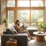 A woman using a tablet in a secure, modern smart home living room with soft natural lighting.
