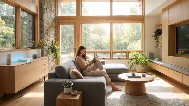 A woman using a tablet in a secure, modern smart home living room with soft natural lighting.