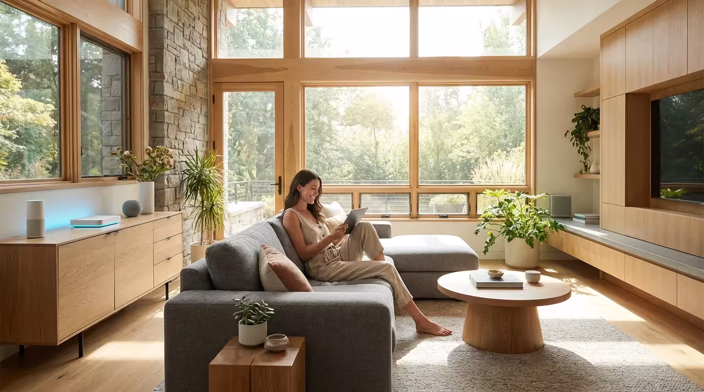 A woman using a tablet in a secure, modern smart home living room with soft natural lighting.
