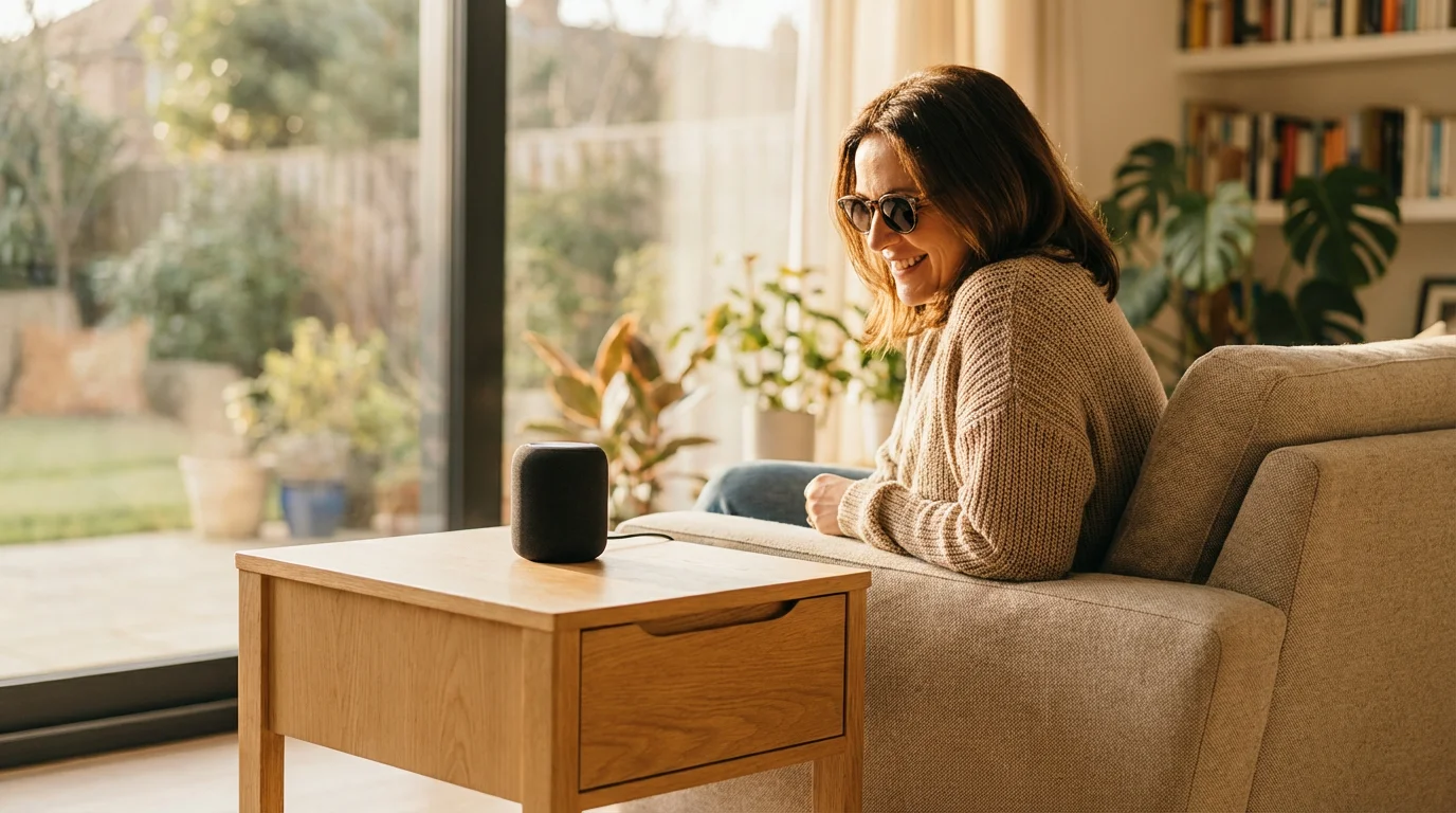 A visually impaired woman smiling while interacting with a smart speaker in a bright, modern living room.