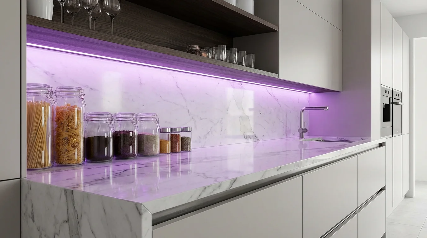 Smart LED light strips providing festive purple accent lighting under kitchen shelves.