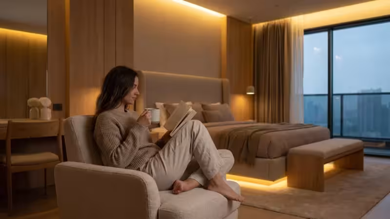 A woman relaxes in a bedroom illuminated by warm, amber smart lighting.