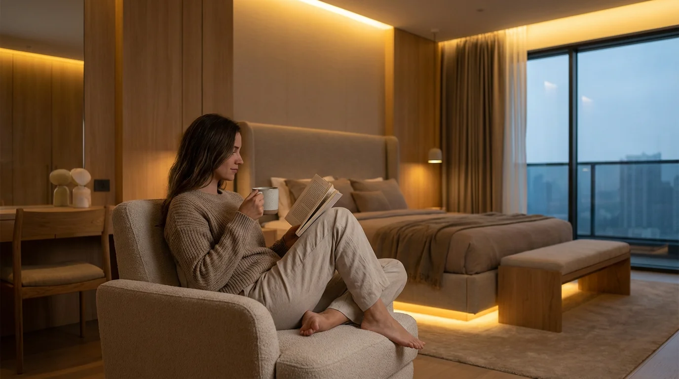 A woman relaxes in a bedroom illuminated by warm, amber smart lighting.