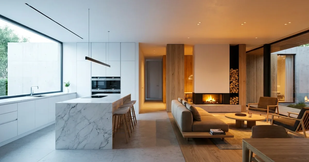 A modern home interior showing a transition from cool daylight kitchen lighting to warm amber living room lighting.