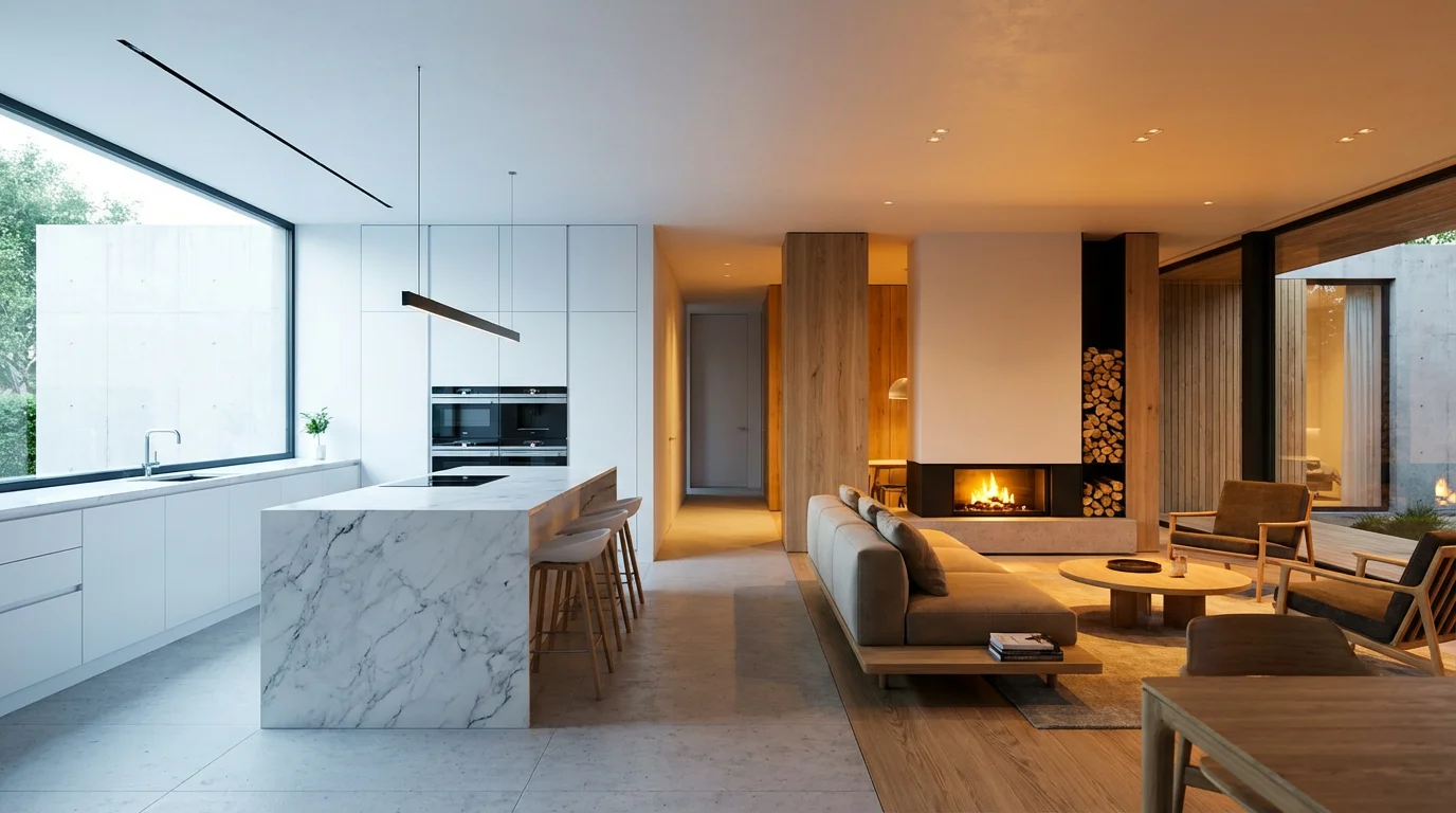 A modern home interior showing a transition from cool daylight kitchen lighting to warm amber living room lighting.