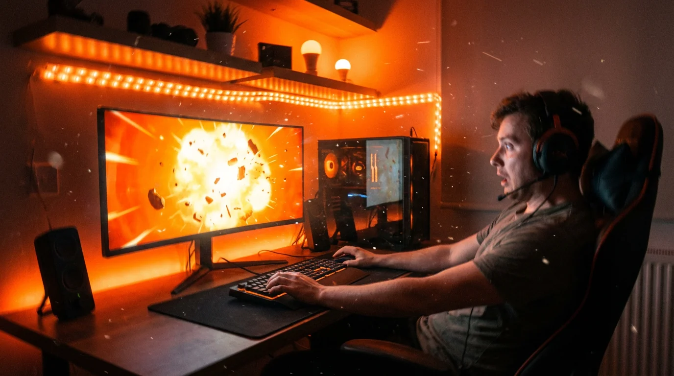 Smart lights flashing orange to match a large explosion shown on a gaming monitor.