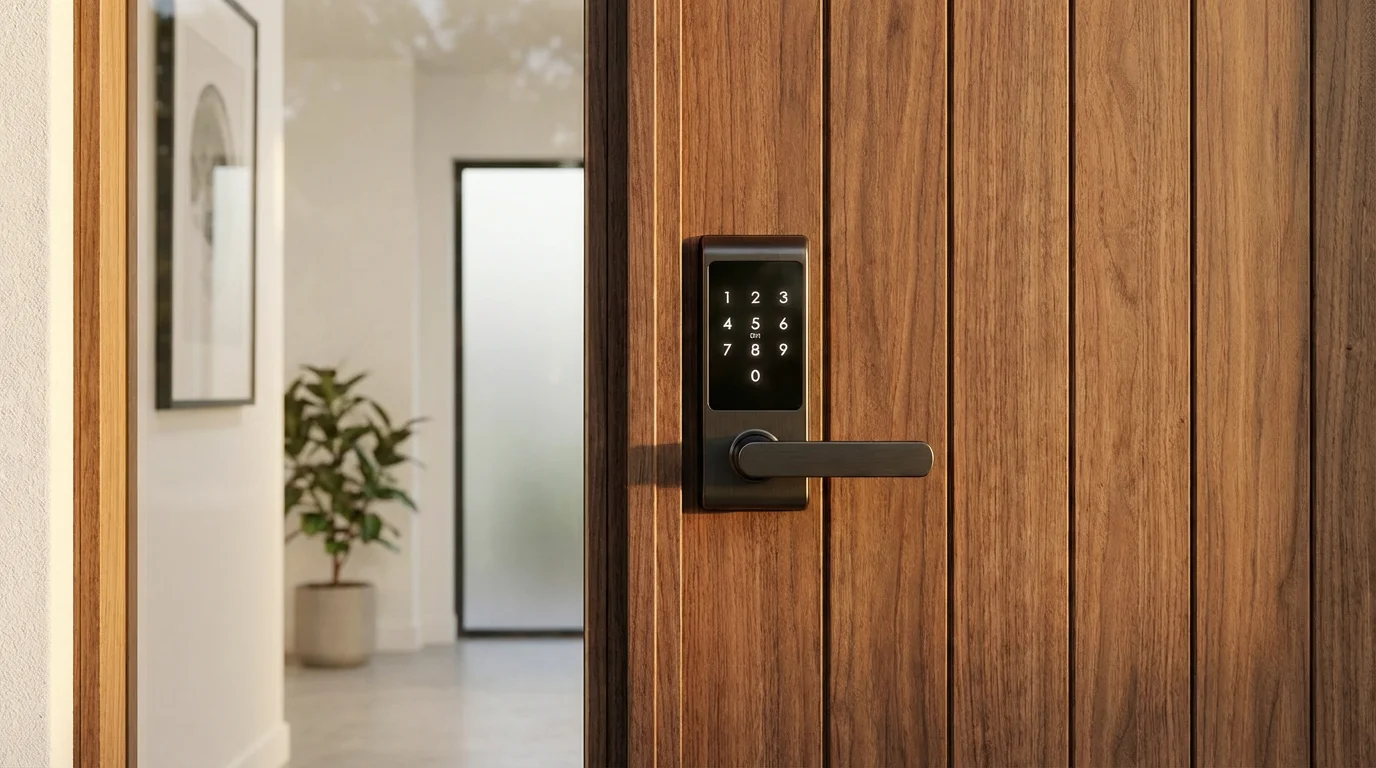 Smart lock installed on a modern wooden front door.