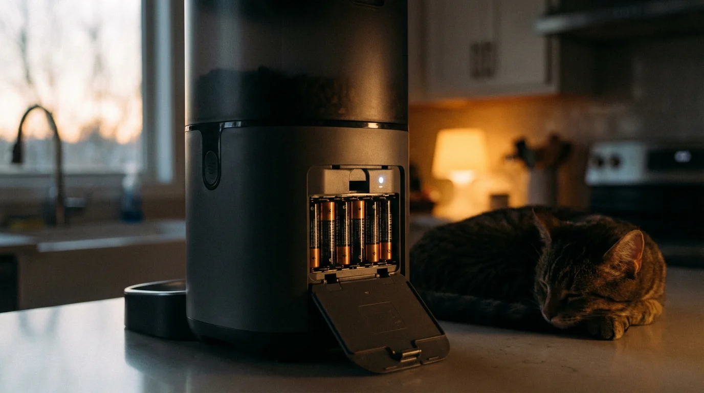 Smart pet feeder in a kitchen at night showing battery backup.