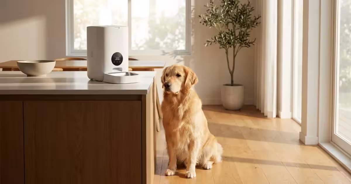 Golden Retriever puppy sitting by a white smart pet feeder in a modern kitchen.
