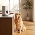 Golden Retriever puppy sitting by a white smart pet feeder in a modern kitchen.