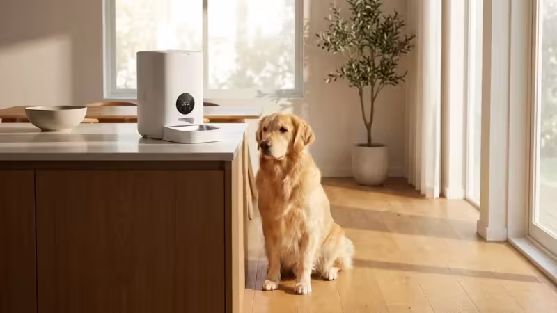 Golden Retriever puppy sitting by a white smart pet feeder in a modern kitchen.