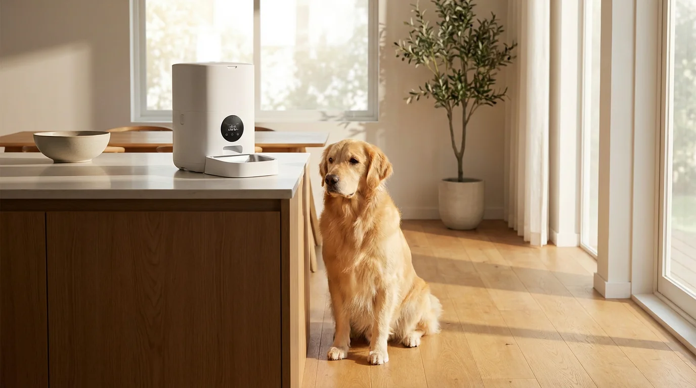 Golden Retriever puppy sitting by a white smart pet feeder in a modern kitchen.
