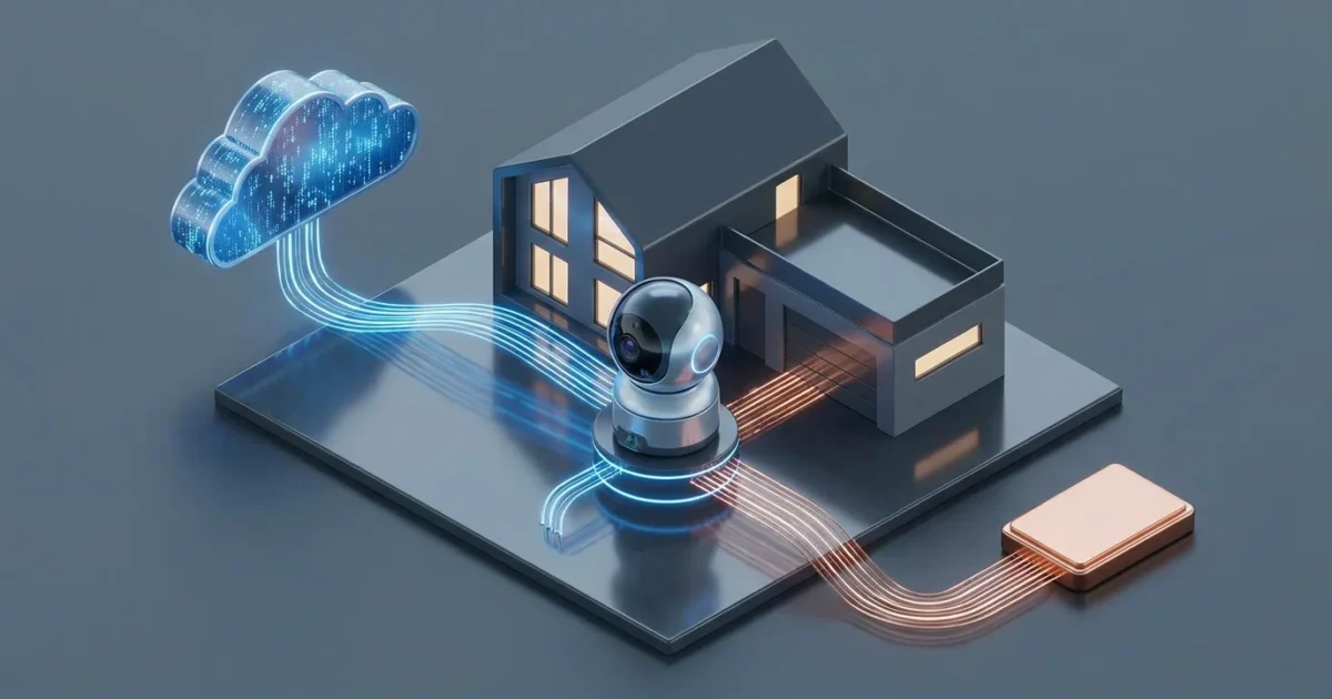 3D isometric view of a smart home camera connecting to both a digital cloud icon and a physical storage drive.