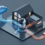 3D isometric view of a smart home camera connecting to both a digital cloud icon and a physical storage drive.