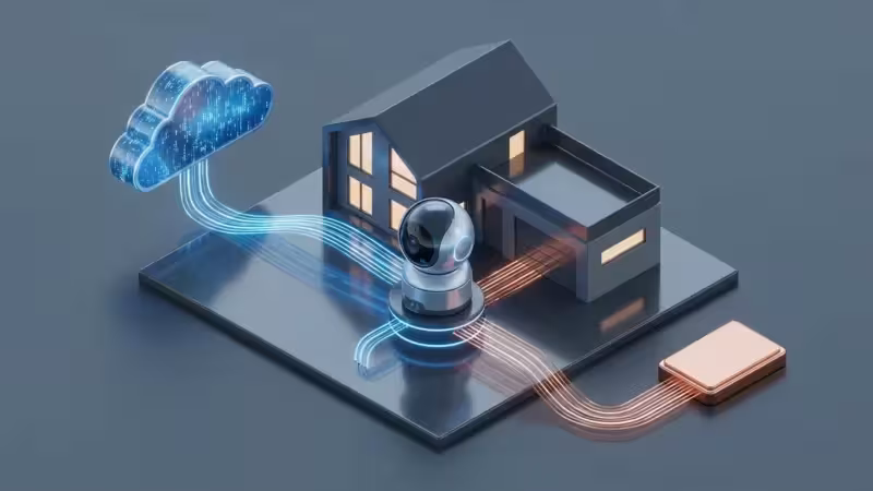 3D isometric view of a smart home camera connecting to both a digital cloud icon and a physical storage drive.