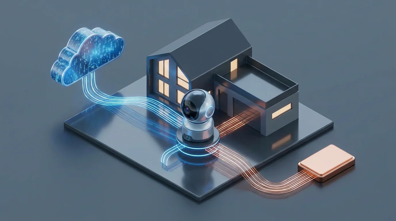 3D isometric view of a smart home camera connecting to both a digital cloud icon and a physical storage drive.