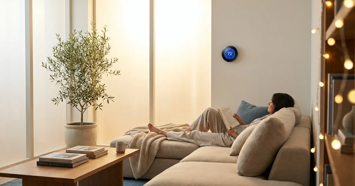 A modern, bright living room featuring a smart thermostat on the wall and a person relaxing comfortably.