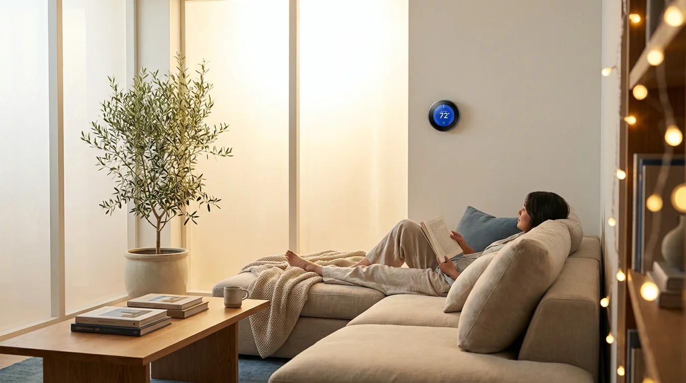A modern, bright living room featuring a smart thermostat on the wall and a person relaxing comfortably.