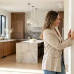 A homeowner installing a smart thermostat on a white wall in a bright, modern home.
