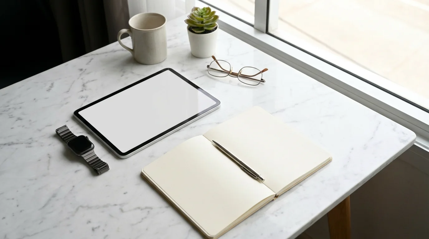 Tech devices and a notebook neatly arranged on a marble surface.